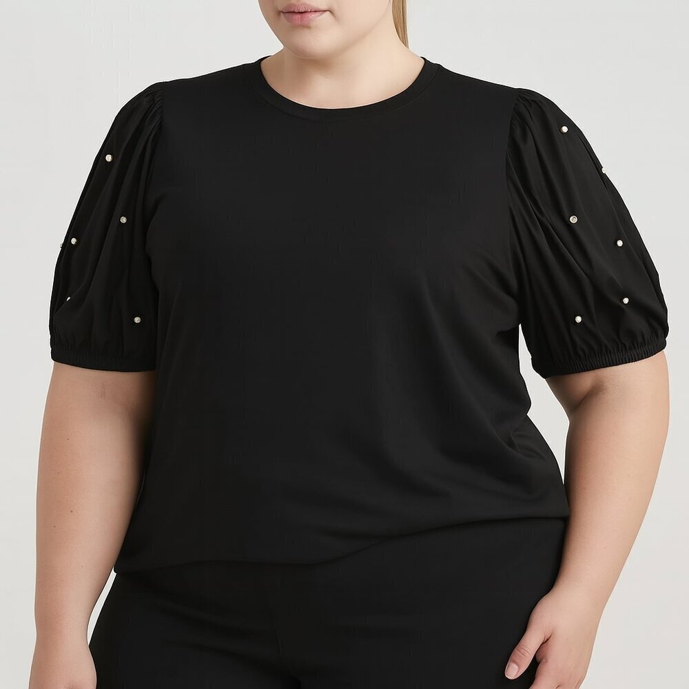 CeCe Mixed Media Imitation Pearl Stud 3/4 Sleeve Top Rich Black Women’s XXL NW